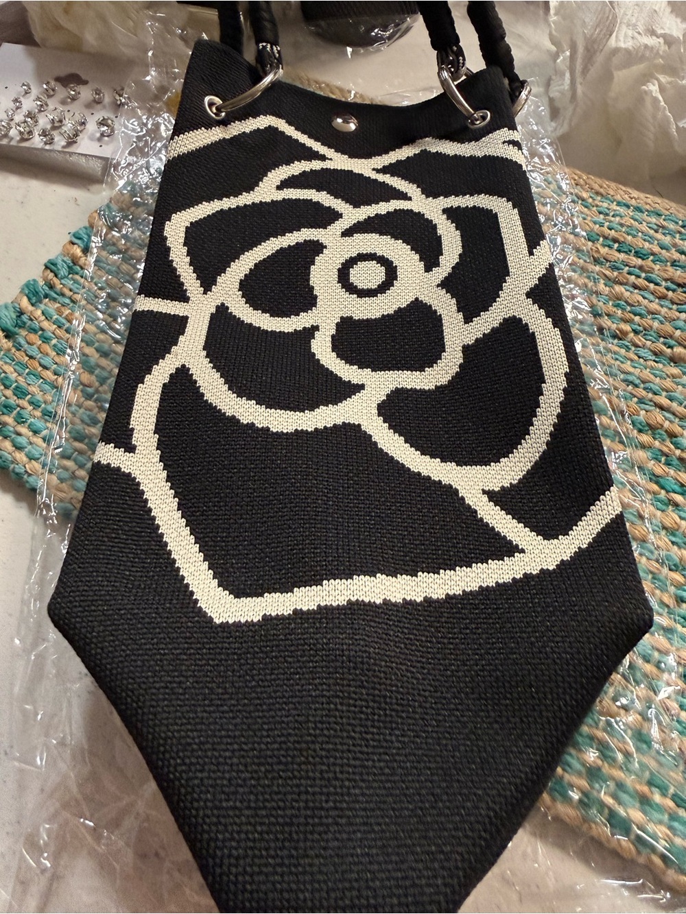 Black & Cream Floral Knit Tote Bag - Women’s Fashion Tote
